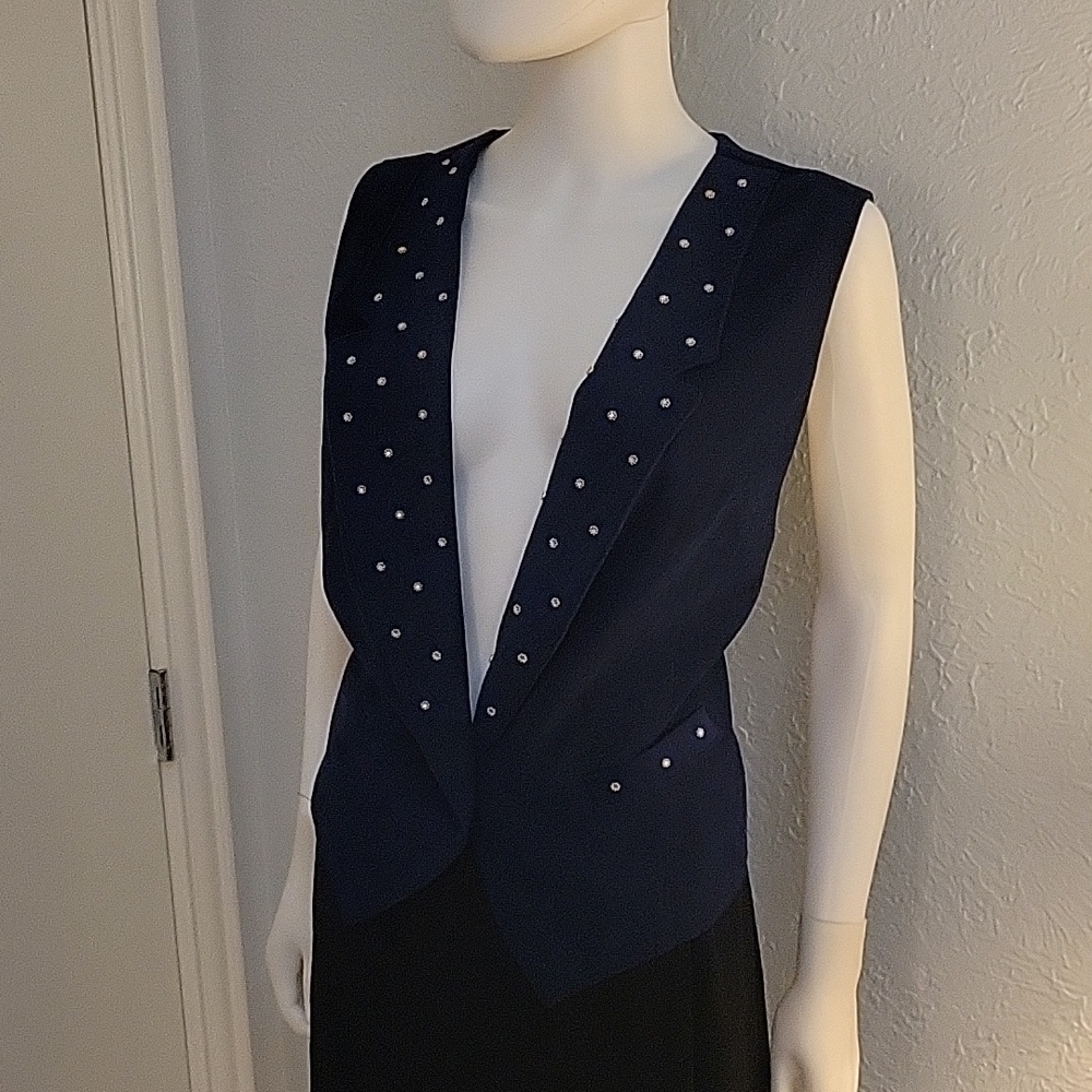 VTG REGAL Navy Blue Gold Studded Collared One Button Waistcoat Vest - Picture 2 of 11